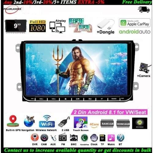 9''2 Din GPS Android Car Radio for VW/Seat+Carplay Wifi Siri BT Airplay +CAM FM