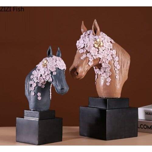 European Resin Flower Horse Head Sculpture Animal Decor Living Room Bookcase Crafts Home Decoration Accessories Birthday Present