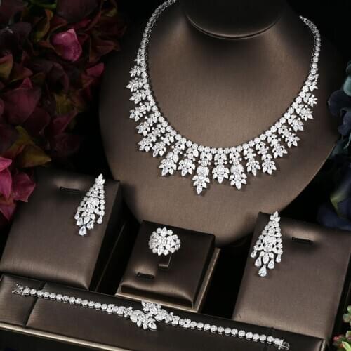 Janekelly 4pcs Bridal Zirconia Full Jewelry Sets For Women Party, Luxury Dubai Nigeria CZ Crystal Wedding Jewelry Sets
