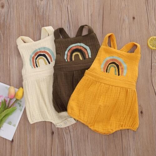 Newborn Baby Boys Girls Rainbow Print Sleeveless Cotton Linen Romper Suspenders Jumpsuits Outfits Clothes