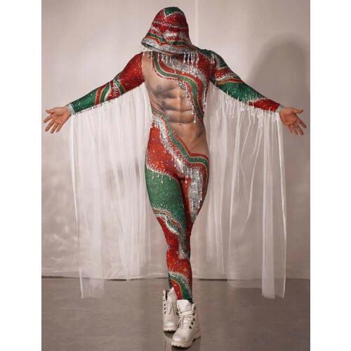 Male Female Christmas Rave Party Dance Costume Elastic Printing Skinny Beads Jumpsuit Sexy Bar Club Singer Dancer Show Costume
