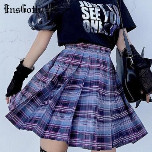 InsGoth Harajuku JK Mini Skirts Gothic Punk High Waist Purple Plaid Pleated Sexy Skirts Japanese Korean Hipsters JK Skirt SUmmer