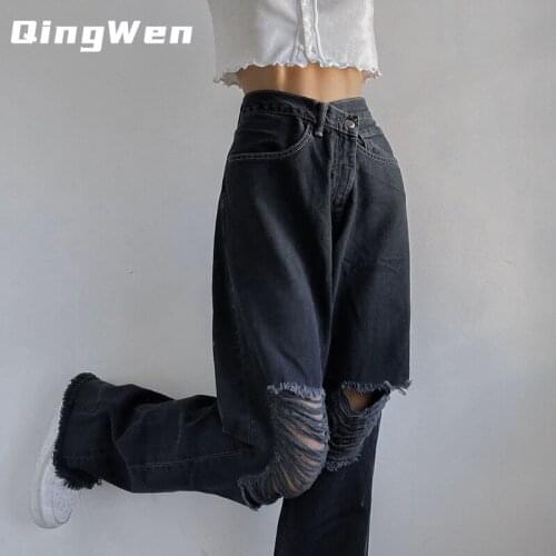 Fashion Holes Tassel High Waist Jeans Loose Women Trousers Straight Denim Pants Streetwear Femme Pantalon y2k Women 2021