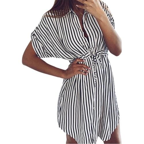 Fashion Womens Drawstring Bandage Dresses Short Sleeve Stripe Print Lapel Casual Loose Dress Vestidos De Verano #G3