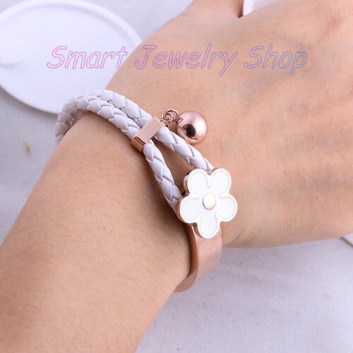New Arrival Titanium Steel and Leather weaved Women Ball Charms Bangle/ Fashion Girls Birthday Gift Flower Bangle