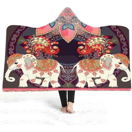 Elephant Printed Wearable Bohemia Black Hooded Blanket For Adults Kids Fleece Woman Throw Blankets Microfiber On The Sofa Bed