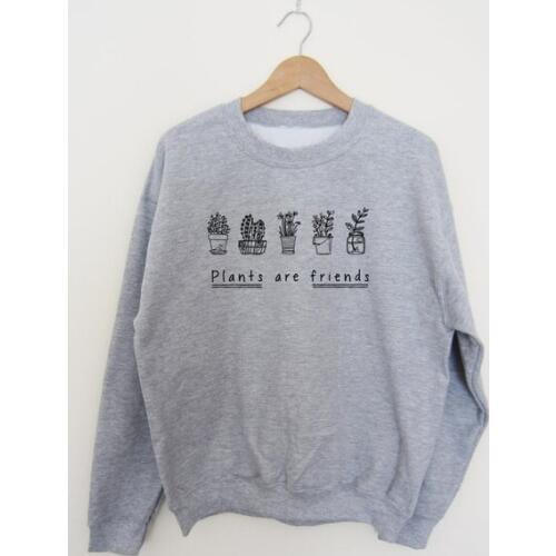Autumn Women PLANTS ARE FRIENDS Sweatshirt Cute Floral Cactus Long Sleeve Top graphic pullovers hipster pure cotton vintage top