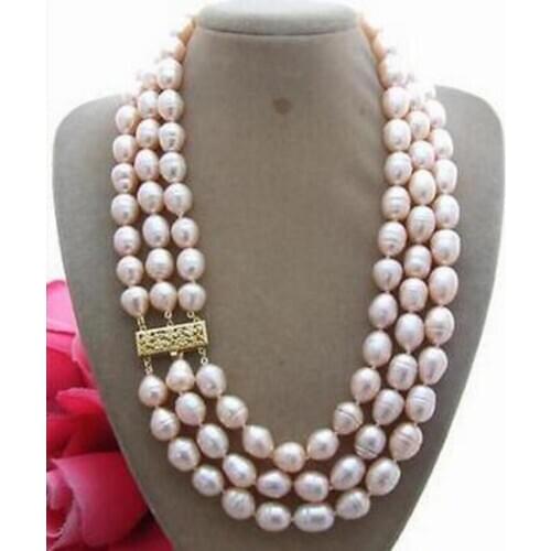 3 Rows 9-10mm natural Australian south sea gold pink pearl necklace 17"-19" Silver colour clasp