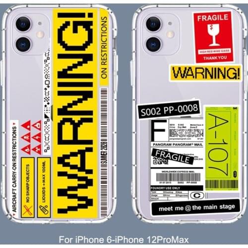 Trend label Clear soft Case For iPhone 11 12 Pro Max mini 7 8 6 6S Plus XR X XS MAX silicone phone Cover Fragile warning fundas