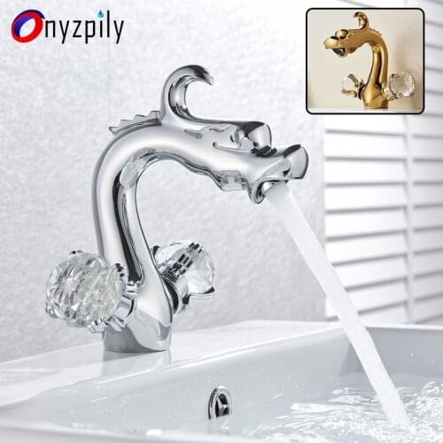 Onyzpily Bath Sink Chrome Golden Polished Deck Mount Faucet Hot and Cold Mixer Tap Two Crystal Handle One Hole