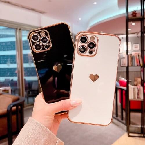 Luxury Cute Heart-shaped Gold Plated Silicone Phone Case For iPhone 12 11 Pro XS Max XR 8 7 Plus Ultra-thin Electroplated Cover