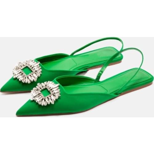 Elegant Green Sandals Women 2021 Summer Pointed Toe Flat Muller Sandals Genuine Leather Silk Crystal Sandalias Mujer Shoes Slide
