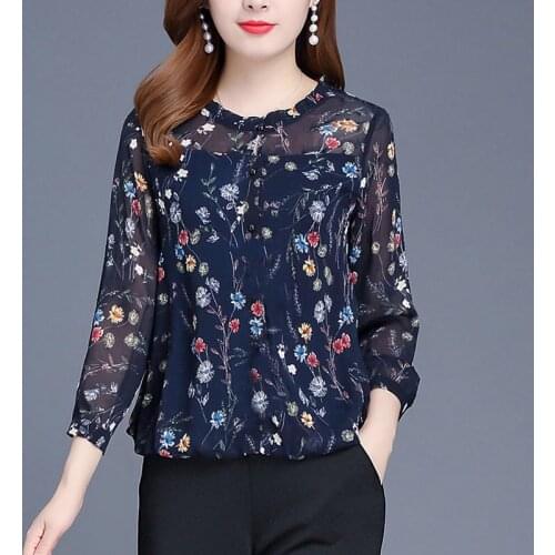 Spring 2021 New Long Sleeve Chiffon Blouses Top O Neck Floral Bottoming Shirt Blusas Plus Size 5XL