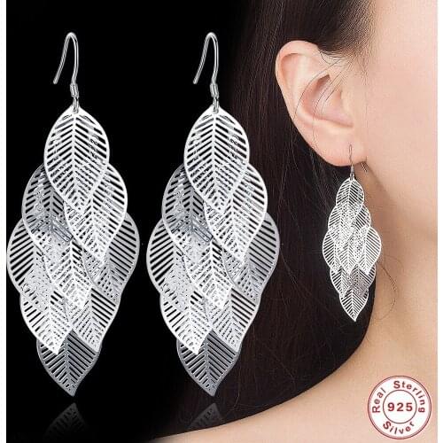 SHQIYAYI 925 Sterling Silver Drop Earrings Leaf Wedding Party Long Bridal Earrings Bohemian Style Vintage Fashion Jewelry 105