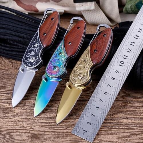 5.31'' Folding Pocket Knife Outdoor Survival Tactical Knife Wood Handle Camping Hiking Hunting Knives for Self-defense EDC Tools