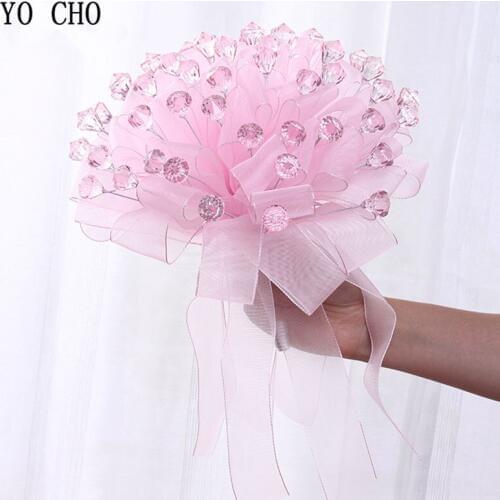 YO CHO Dropship Shinning Acrylic Rhinestone Decor Wedding Bouquet Flowers Ribands Porposal Anniversary Flower Bouquets
