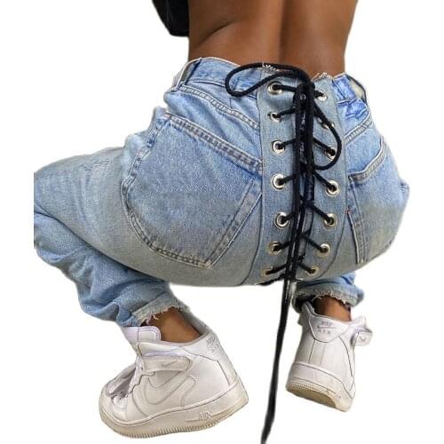 2021 Women Denim Pants Fashion Strip Bandage Bodycon Outfit Lace Up Jeans Wear