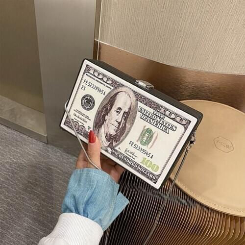Women Retro Dollar Bill Box Clutch Fashion Hundred Chain Shoulder Bags Cute Crossbody Evening Purse