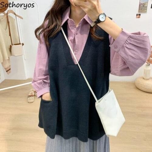 Plus Size 4XL Women Sweater Vest V-neck Solid Pockets Knitted Loose All Match Pullover Casual Elegant Trendy Japanese Style Chic