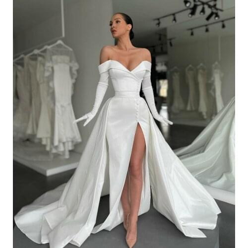 Elegant Long Taffeta V-Neck Wedding Dresses with Slit Corset Back A-Line Robes De Mariée Bridal Gown For Women