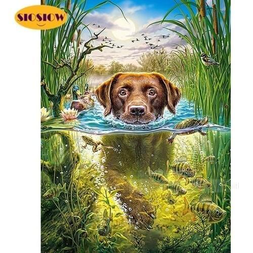 5D DIY Diamond Painting Cross Stitch Dog Spaniel Swimming Full Square Drill 3D Daimond Mosaic Embroidery Dogs Hunting Decor Home