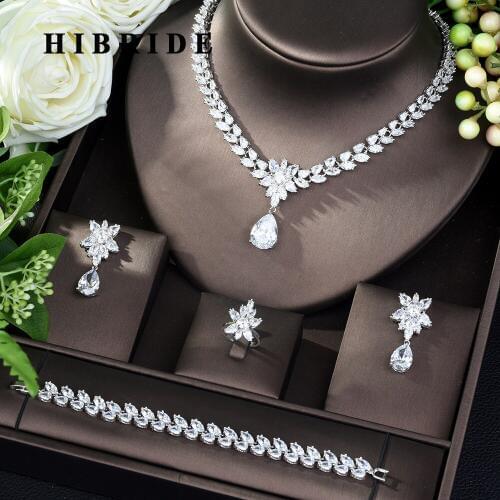 HIBRIDE Women Jewels Elegant Shape Bridal CZ necklace earrings bracelet ring 4pcs Big Wedding Jewelry Sets For Bride N-203