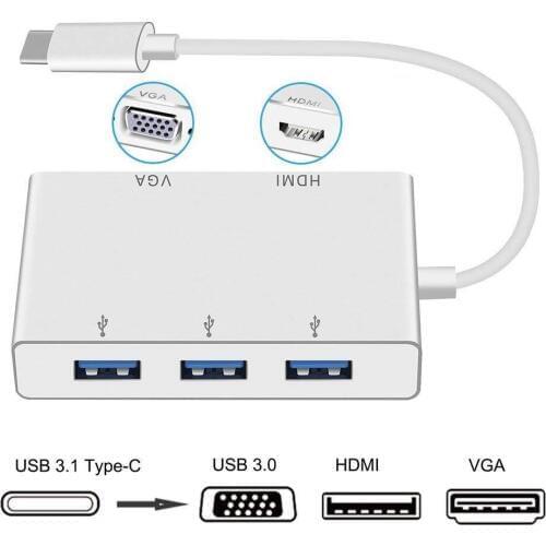 30pcs 5 in 1 Type-C USB C 3.1 Type C to HDMI VGA USB Hub USB3.0 Adapter Cable for Laptop Apple Macbook Google Chromebook Pixel