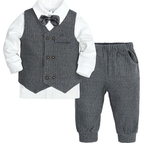 Boys Clothes Set Baby Shirt Kids Stripe Vest Boys Spring Tuxedo Bowtie Pants 3 pieces in 1 suits