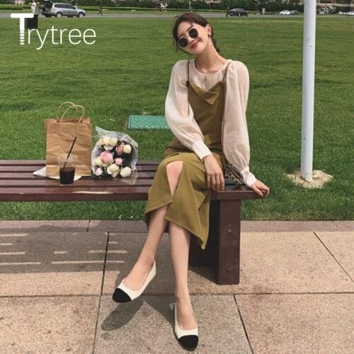 Trytree 2021 Summer Womens Dress Casual Solid Green Spaghetti Strap Dress Elegant Vestido Midi Dresses Urban Split Hem Sundress