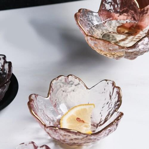 Small Glass Dish Nordic Style Gold Inlay Glass Sauce Bowl Mini Japanese Cherry Blossoms Seasoning Plate For Ice Cream Fruit Sala