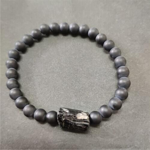 Matte onyx stone beads natural black raw rough tourmaline tourmli mineral healing stone beaded bracelets for man women