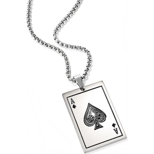 New Personality Spades A Playing Cards Fashion Mens Necklaces Rectangle Pendant Stainless Steel Chain Male Jewelry Gift