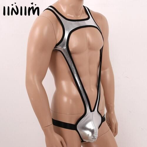 Mens Gay Holographic Pole Clubwear Jockstraps Bulge Pouch Wrestling Mankini Open Butt Sissy Bodysuit Underwear Latex Costumes