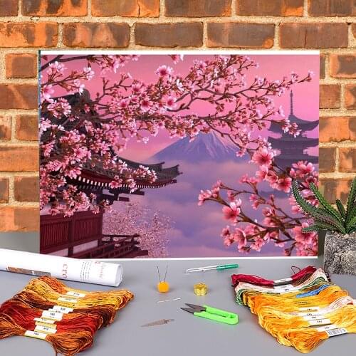 Flower Sakura Printed Water-Soluble Canvas 11CT Cross Stitch DIY Embroidery Kit DMC Threads Craft Sewing Hobby Painting Magic