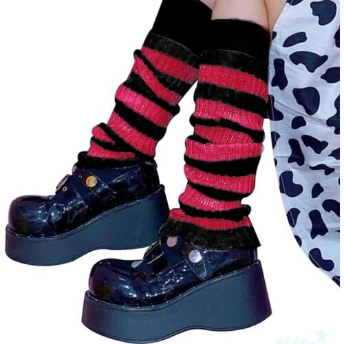 Punk Striped Cool Knit Long Socks Women Outdoor Knee High Elastic Leg Winter Warmers Lady Warm Slim Gothic Hip-hop Rock Sock