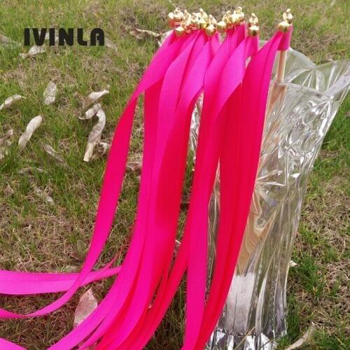 Newest 50pcs/lot Fushia ribbon wands with gold bell for wedding decoration
