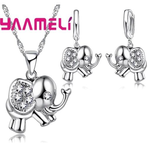 Newest Fine 925 Sterling Silver Jewelry Sets Shinning Austrian Crystal CZ Elephant Design Necklace Earrings for Women Girl Gift