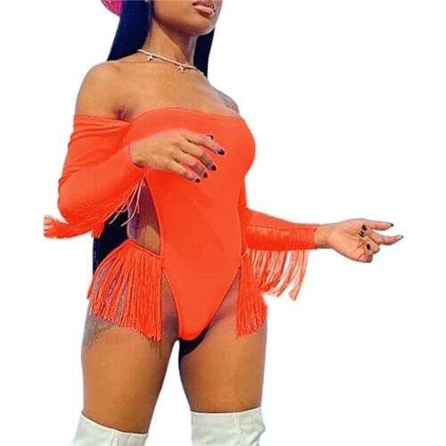 New Sexy Women One-piece Swimsuit Fluorescent Solid Color Swimsuit Long Sleeve Off-shoulder Backless Tassels Decoration Swimwear