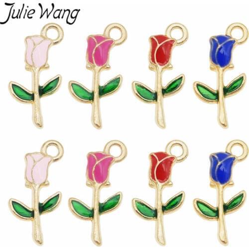 Julie Wang 8PCS Enamel Rose Charm Flowers Pink Red Blue Alloy Gold Tone Necklace Bracelet Earrings Jewelry Making Accessory