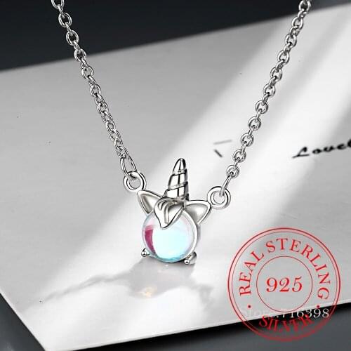 PRC4 Real 925 Sterling Silver Crystal Unicorn Charm Pendant Necklace For Women Wedding Jewelry Choker Collar Wedding Party Gift