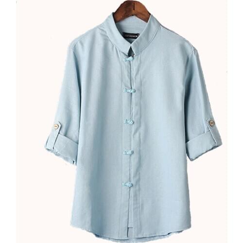Spring Autumn Men Linen Cotton Shirt Mandarin Collar Traditional Chinese Style Solid Color Leisure Time Simplicity Comfortable