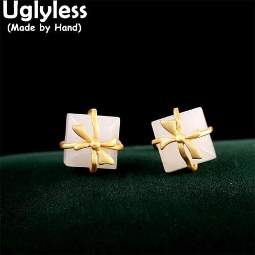 Uglyless Packed as A Gift Studs Earrings for Women Gold Bowknots Brincos Nature Gemstones Hotan Jade Earrings 925 Silver Jewelry