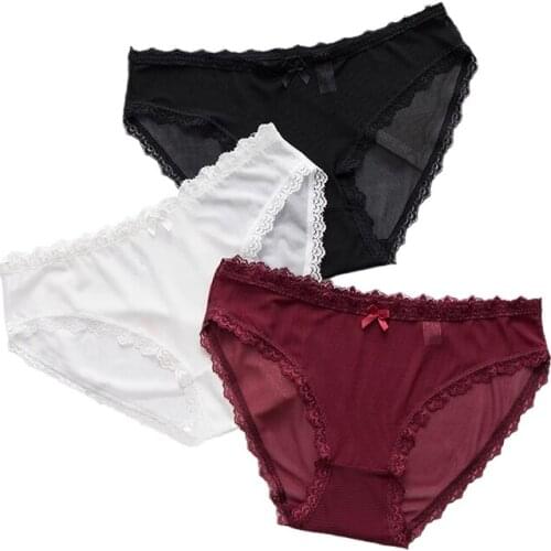 3Pcs Women Panties Sexy Lace Thongs Ultra-thin mesh Transparent lingerie Womens Soft Briefs Bow Panty Underwear