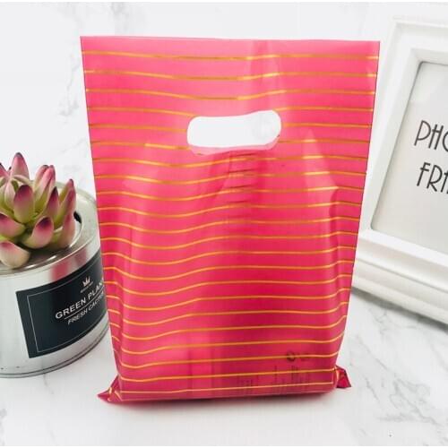 Wine Red Gold Stripes 15x20cm Small Plastic Gift Bag With Handles Boutique Shop Plastic Jewelry Gift Display Handle Pouch 100pcs