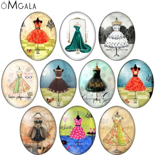 Vintage Women Lady Skirt Dress Art Painting 13x18mm/18x25mm/30x40mm Oval photo glass cabochon flat back Making findings