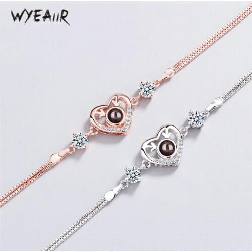 WYEAIIR 100 Languages I Love You Visible Heart 925 Sterling Silver Female Resizable Bracelets