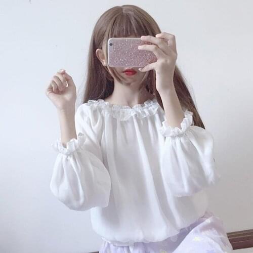 Ruffles Chiffon Blouse Tops Women Long Sleeve Sweet Puff Sleeve Lace White Shirt Solid Color Korean Fashion New