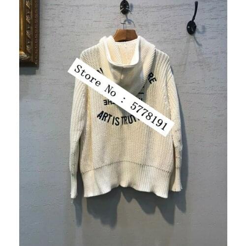Woman Cream Knitted Jacket Hooded Long Sleeves Zipper back letter Embroidered sweater cardigan