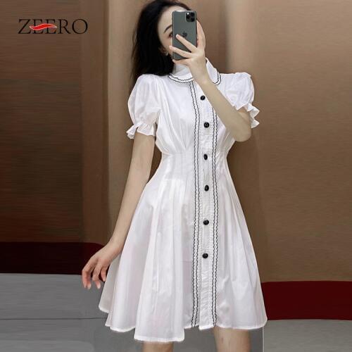 Summer Women Korean Single Breasted Ruffles Mini Dresses Female Puff Sleeve Peter Pan Collar White Casual Shirt Dress Vestidos