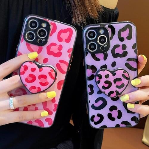 Korean Purple Pink Leopard Print Phone Case For iPhone 11 12 Pro Max XS X XR 7 8 Plus Love Heart Bracket Soft Protection Cover